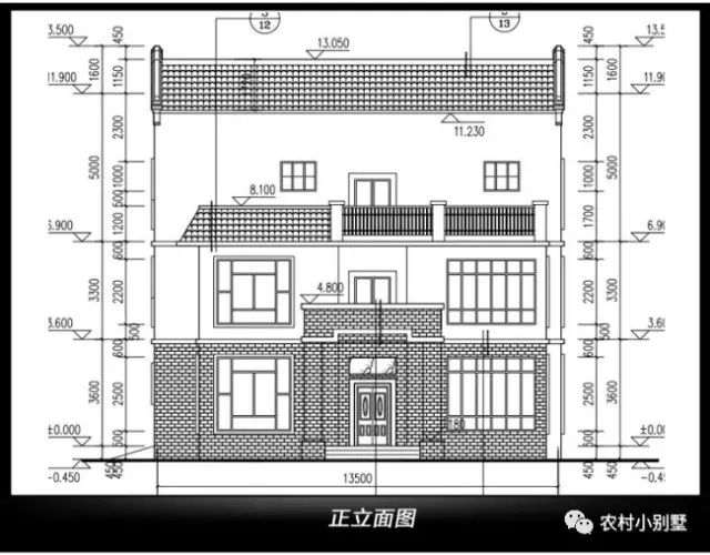 13.5x11米三层新农村徽派住宅设计图，含效果图