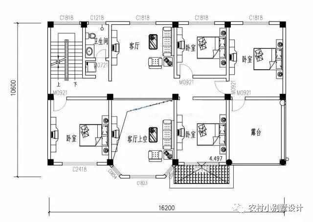 16.2米×10.6米带挑空客厅三层农村别墅设计图，大户型房间多
