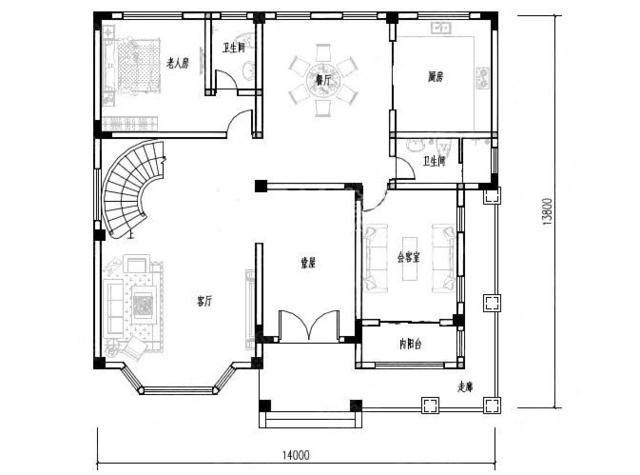 三层复式客厅的自建别墅，带堂屋和六间卧室很实用