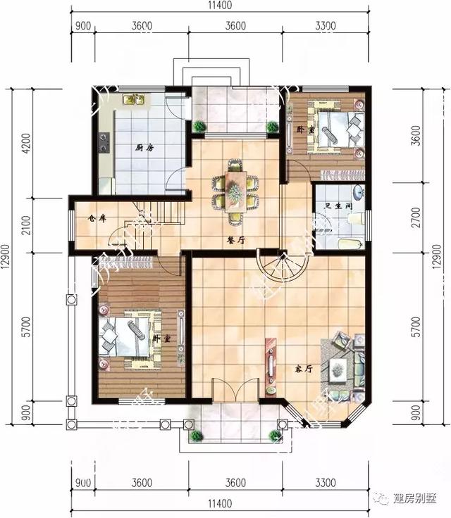 两栋面宽11.4米的农村自建房，第一栋车库设计太方便