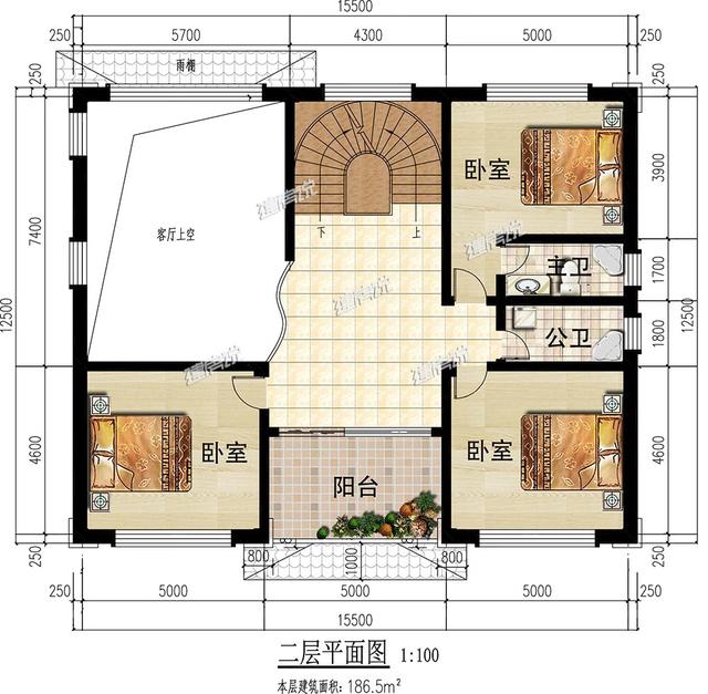 大面宽的三层中式别墅设计图，占地方正，左右对称，带地下室。