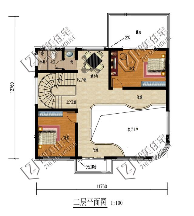 11.76mx9.76m三层别墅设计图，带客厅挑空+旋转楼梯+独立厨房设计，是一款不错的乡村三层房型。
