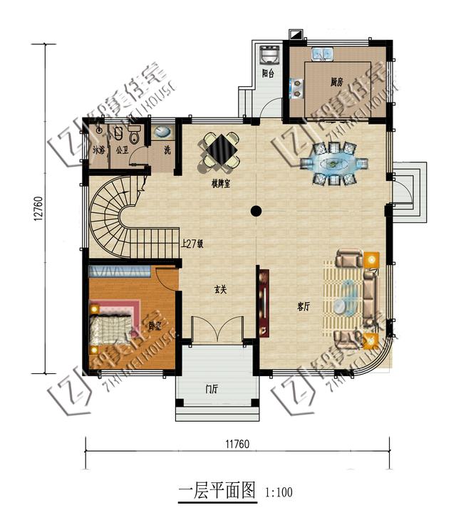 11.76mx9.76m三层别墅设计图，带客厅挑空+旋转楼梯+独立厨房设计，是一款不错的乡村三层房型。