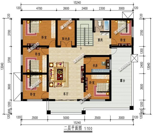 15.24x13.04米二层别墅设计图，带特大堂屋+独立佛堂+土灶厨房，布局合理实用。