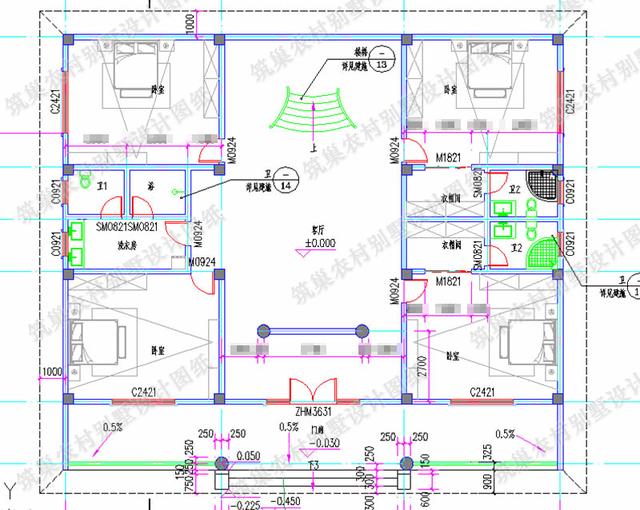 19×16米中式二层四合院别墅设计图，挑空大客厅+旋转楼梯，功能齐全，造价65万。