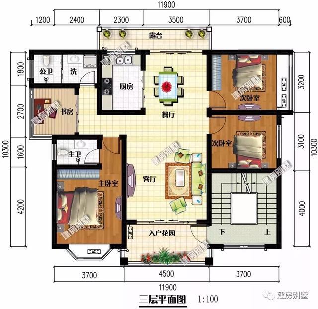 三层农村别墅设计图，11.9×10.3米，一款每层都可以作为一个独立生活楼层的别墅户型