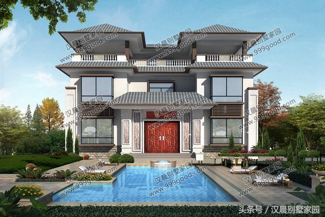 新中式经典现代别墅设计图，带游泳池，简直就是梦想中的房子