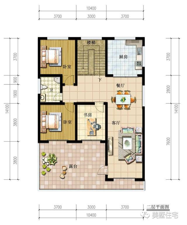 10X14米农村二层平顶别墅设计图，简约大方，3室4厅，布局实用造价低。