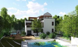 新中式三层砖混结构别墅设计图，豪华还带泳池，被植物环绕，空