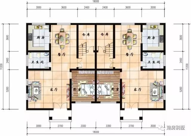 双拼别墅设计图，面宽18米左右，第一栋户型通透，造价28W。