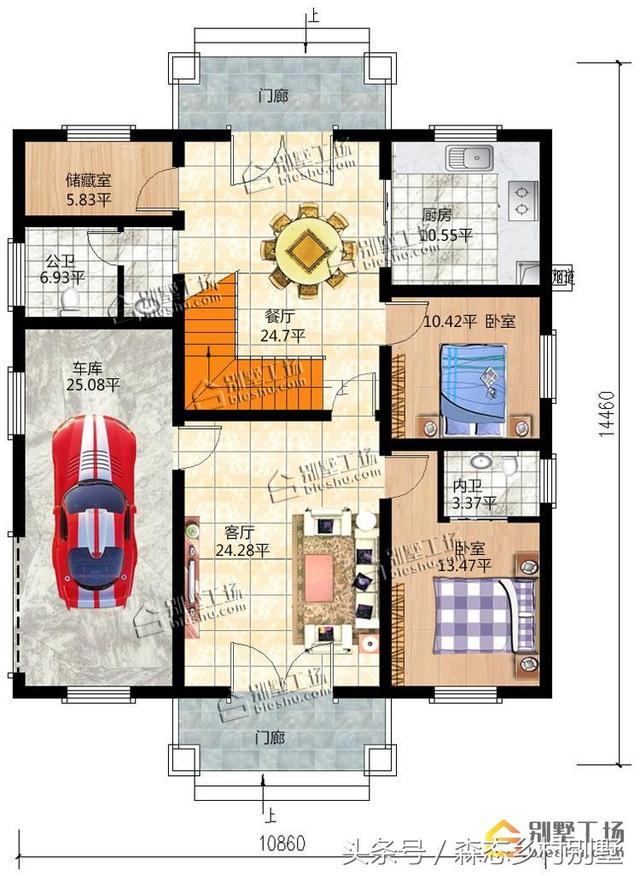 二层别墅设计图，136平宅基地带车库大露台，造价只要20W.