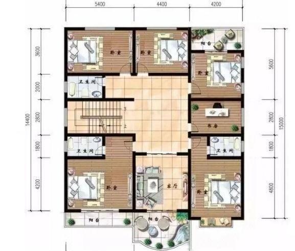 带阁楼的二层自建房设计图，占地103平米，四室三厅带独立厨房