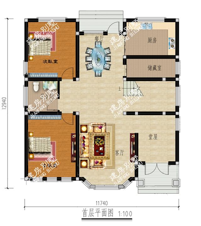 二层自建房设计图，11.74x12.9米，带堂屋设计，足够满足需要