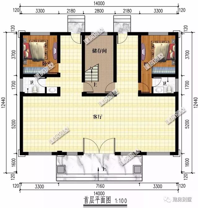 14米×12.4米四层双拼别墅设计图，豪华气派，带大客厅+独立厨房，办起喜事摆起酒来，就不用去借场地了。