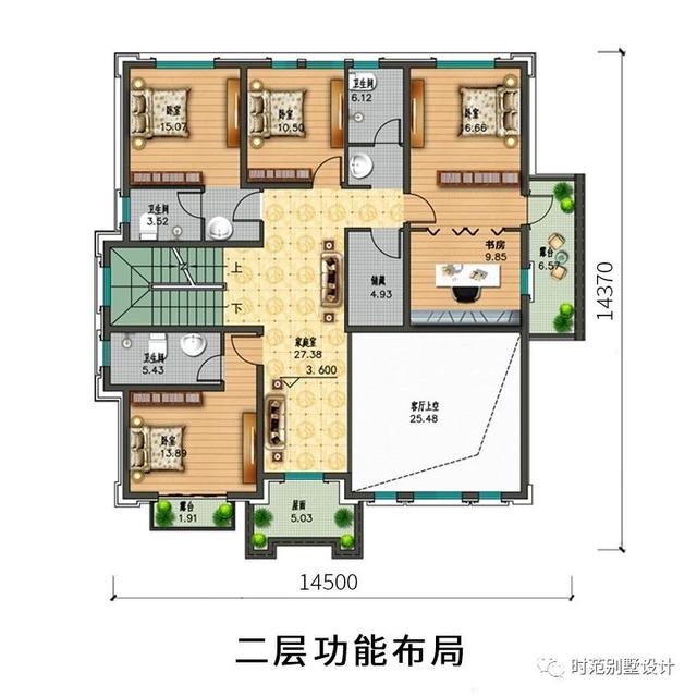 三层复式别墅设计图，14x14米8室4厅8卫，适合四世同堂大家庭居住