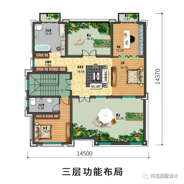三层复式别墅设计图，14x14米8室4厅8卫，适合四世同堂大家庭居住
