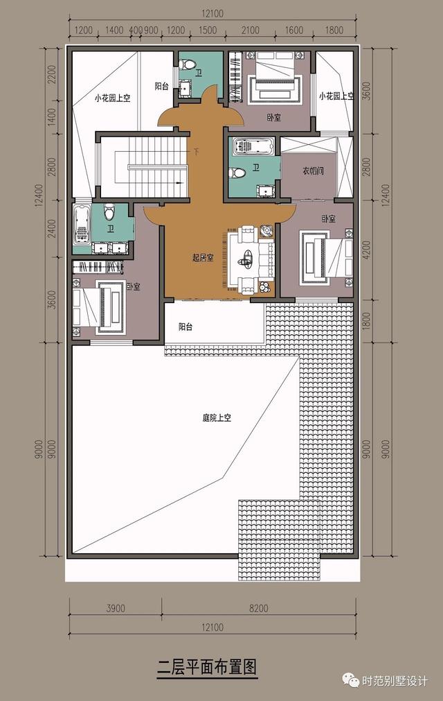中式二层别墅户型图纸，面宽12米两侧无采光，5室3厅5卫，适合农村自建