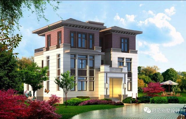 新中式三层复式别墅设计方案，16x12米带车库多露台，美观大气适合自建