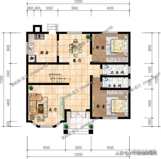 二层半复式别墅设计，12×11米带露台，5室3卫全款只要28万！
