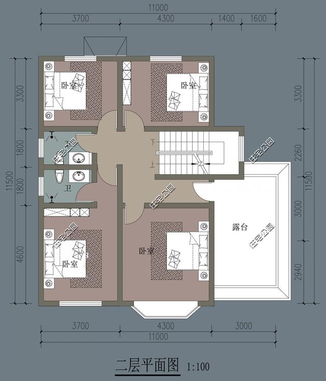 一栋3层带坡顶别墅设计图，11X11米宅地尺寸，适合农村生活