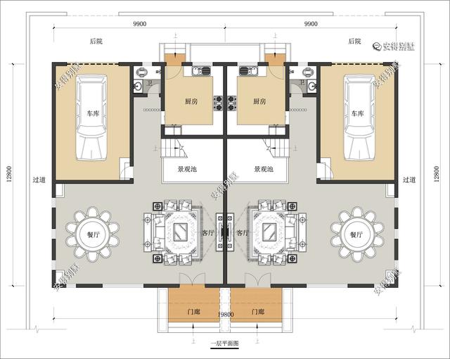 4层兄弟双拼别墅设计图，新中式建筑挑空大客厅设计，经典霸气！