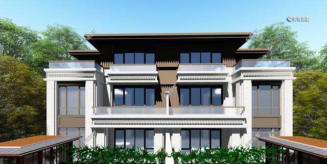 新中式的双拼别墅设计图，建筑造型尽显高端，兄弟这样建房才叫豪宅。