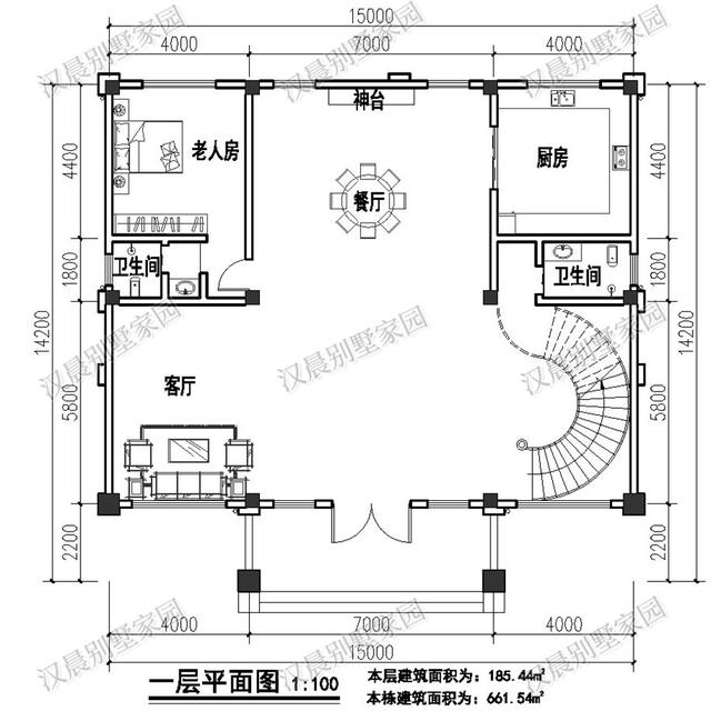 15X14.2米四层农村独栋别墅设计图，旋转楼梯+挑空客厅+神台