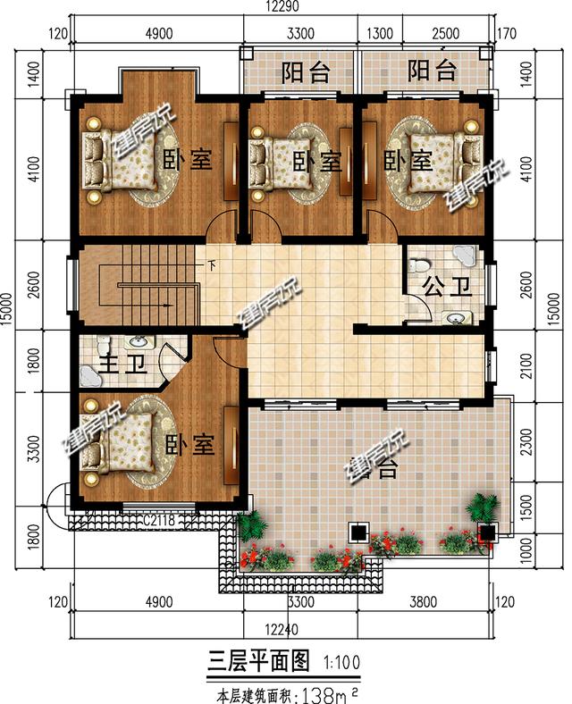 农村建房首选中式，12x13.5米三层漂亮中式别墅，秒杀洋别墅