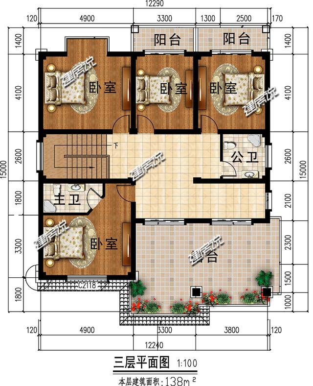 12x13.5米三层漂亮中式别墅设计图，农村建房首选中式，秒杀洋别墅