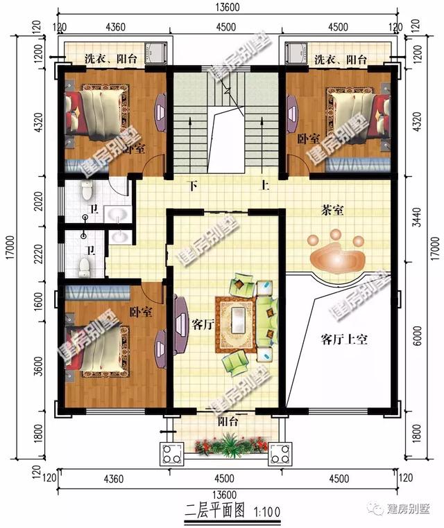 两套面宽13.6米的三层豪华别墅设计图，可以说算是很气派了，第一栋带较大堂屋设计。