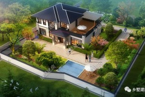 17.74X11.54米新中式二层别墅设计图，带泳池+庭院+露台。