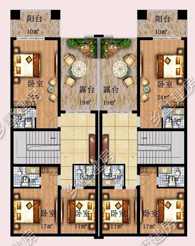 14.9X16.8米双拼三层别墅设计图，兄弟姐妹住在一起其乐融融。