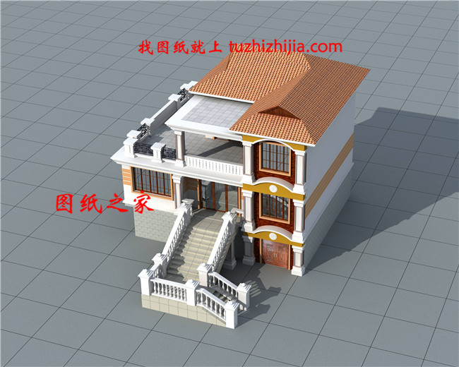 泰式风格三层小别墅设计图，带车库和大露台