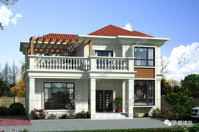 这栋简欧风二层小别墅设计图，别墅外立面色调纯洁、简约，造价只要24万