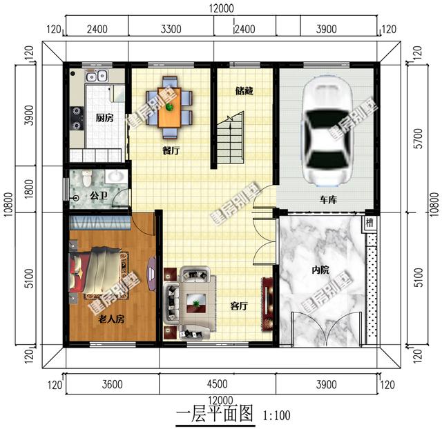 12x10.8新中式三层别墅设计图，占地115平，顶层带花坛，一层带内院车库，
