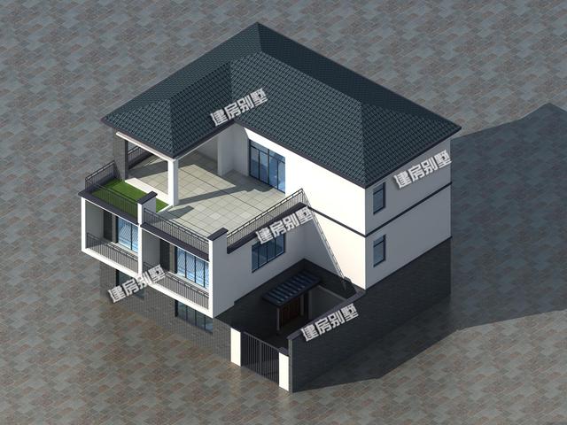 12x10.8新中式三层别墅设计图，占地115平，顶层带花坛，一层带内院车库，