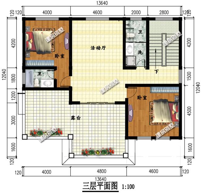 13.6×12三层简欧别墅，独立厨房设计，带堂屋神位