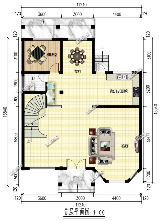 3栋开间11.2米别墅设计图，外观精致，户型方方正正