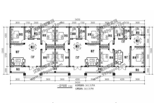34.2X12米一层联排别墅设计图，三兄弟齐盖房，附独栋平面图！