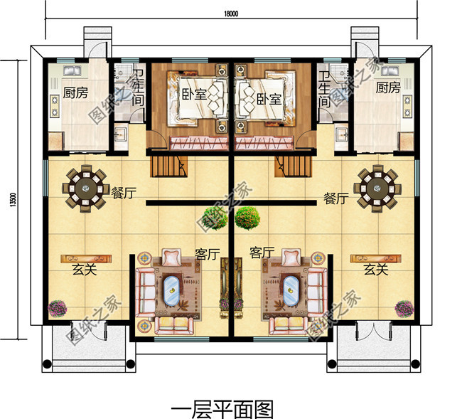 经典三层双拼房屋设计图，带效果图，户型好，单户面积120