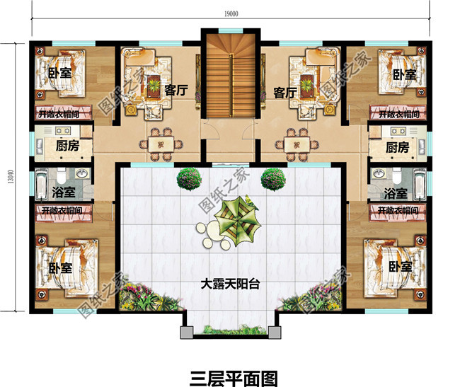 堂屋共用的三层双拼别墅设计图，总占地面积245平米