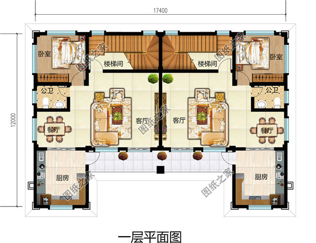 17X12米三层双拼别墅自建房设计图，欧式风格，户型方正