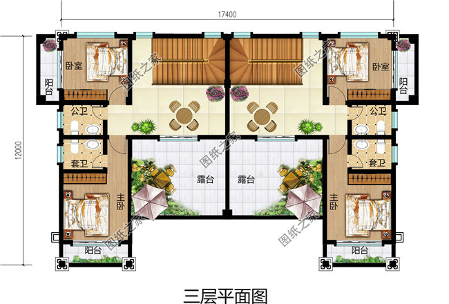 17X12米三层双拼别墅自建房设计图，欧式风格，户型方正