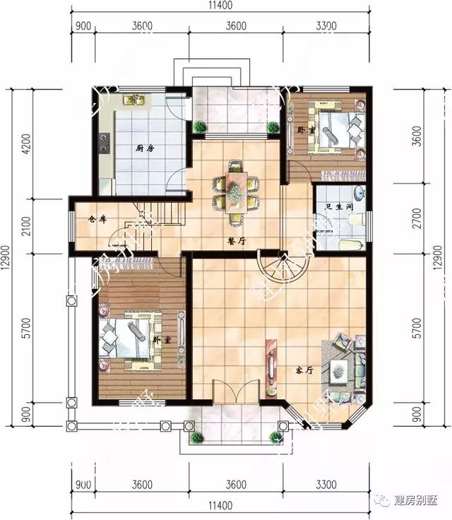 开间11-12米两层小楼房方案图，经典实用户型