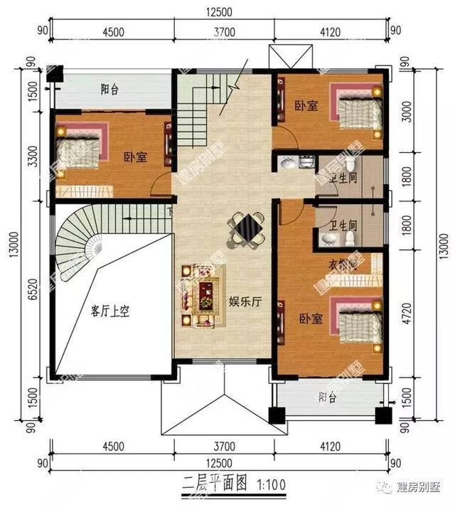 带旋转楼梯的2栋自建房别墅户型，阳台多造型好看