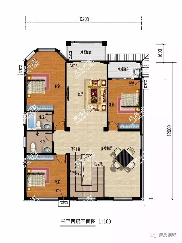 农村五层豪宅自建房方案图，带露台带观景凉亭的