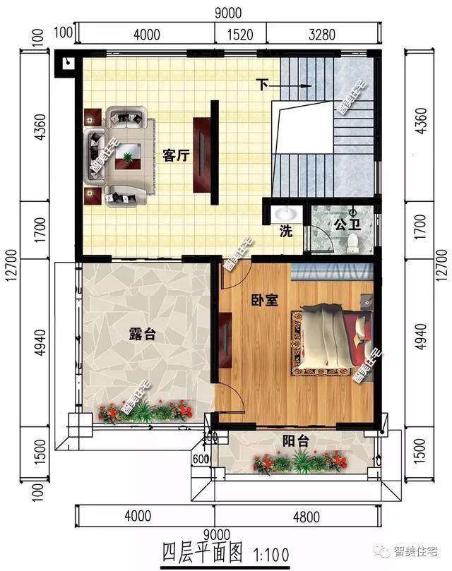 9×12.7米四层新中式自建房户型图，占地100平左右