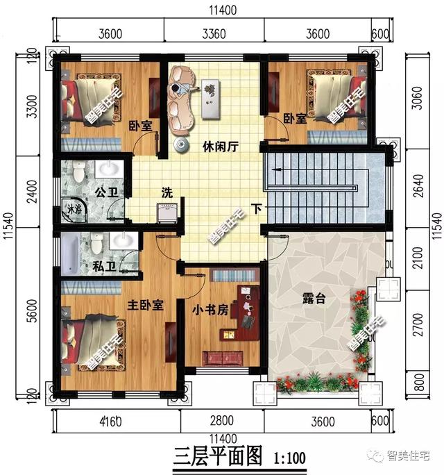 11.4×12.8米三层自建房子方案图，带堂屋设计