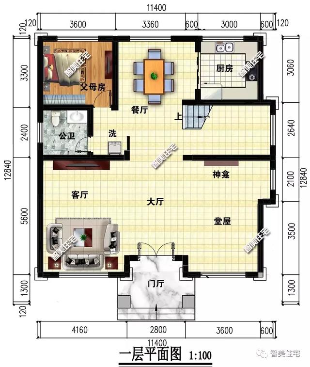 11.4×12.8米三层自建房子方案图，带堂屋设计