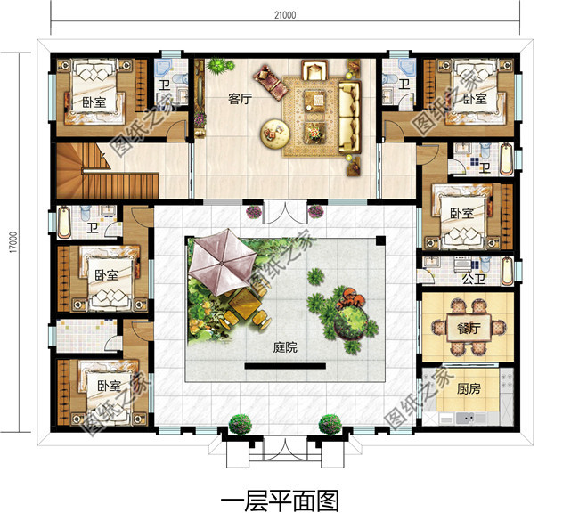 乡村新中式二层四合院别墅设计图，带庭院和露台，21X17米